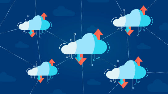 Several large interconnected clouds, each with upload/download arrows sticking out of them.