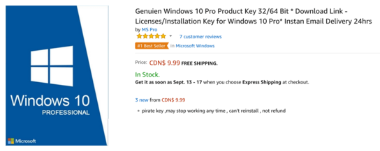 Example Windows 10 Pro pirate license listing on Amazon Canada