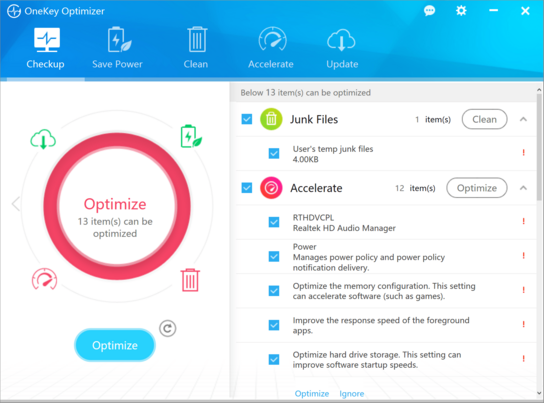 OneKey Optimizer’s main user interface